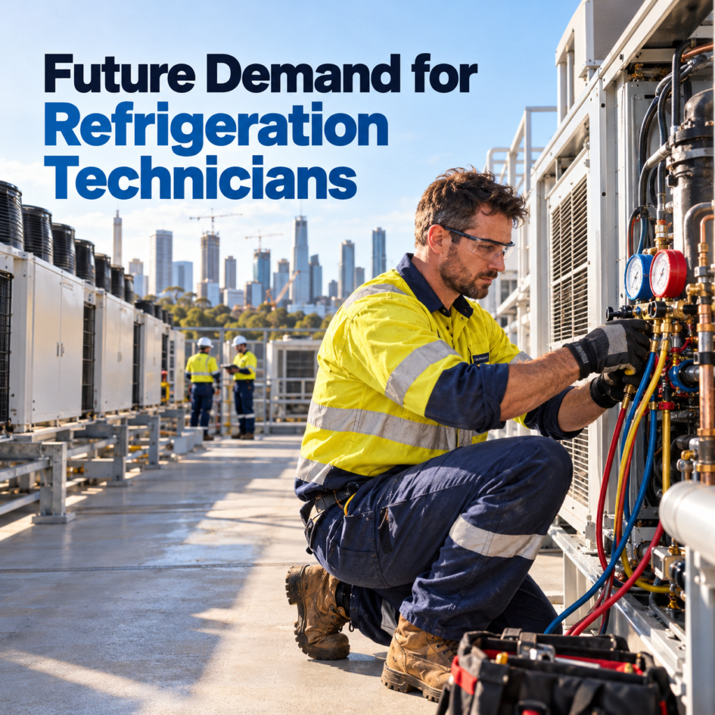 Australian refrigeration technician servicing commercial HVAC equipment in proper PPE, highlighting future demand for skilled refrigeration technicians in Australia.