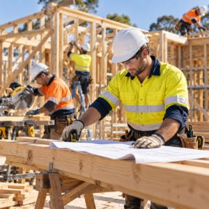 Australian carpenters wearing high-visibility PPE reviewing building plans and working on timber framing at a residential construction site.