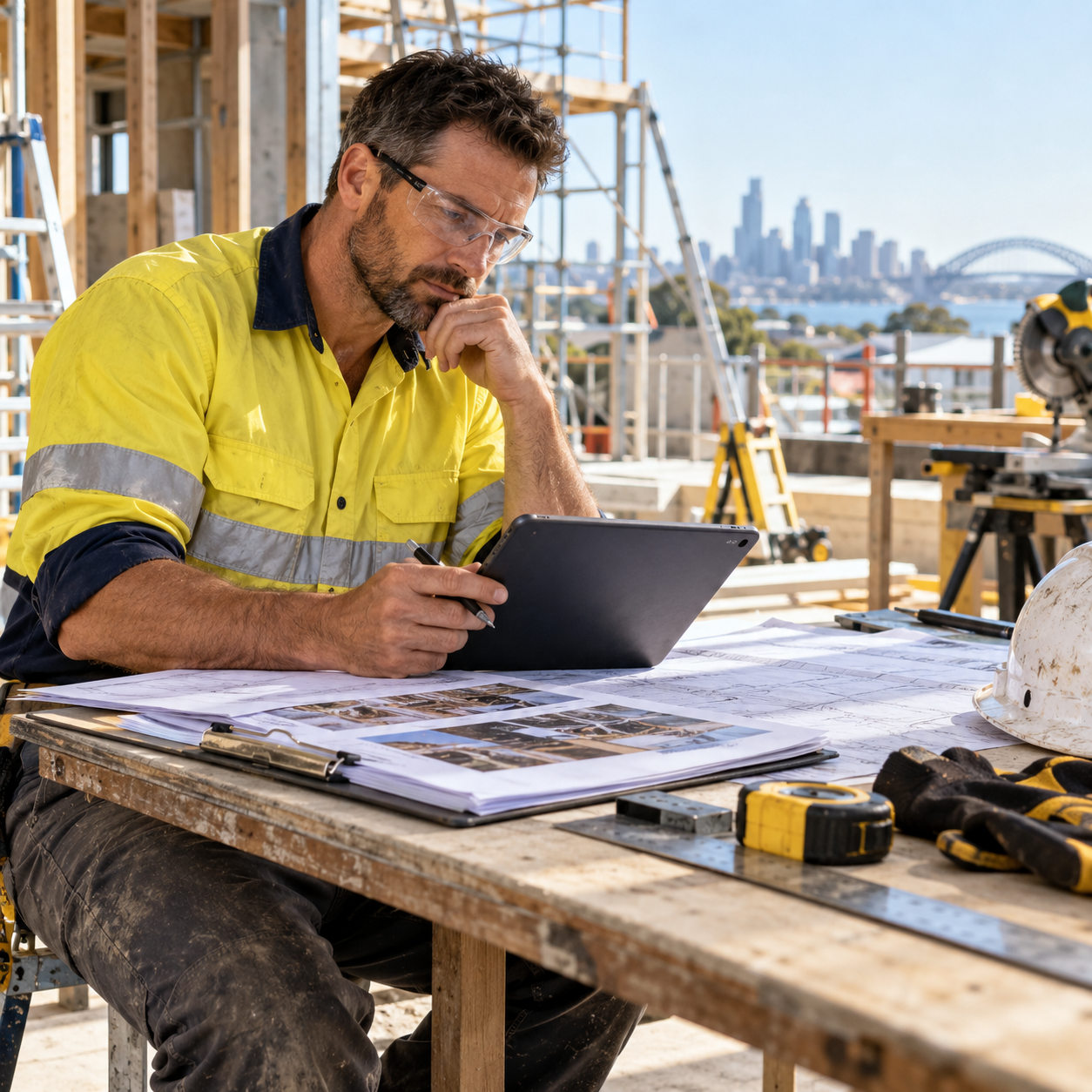 Experienced Australian tradie reviewing work evidence, construction plans and a digital portfolio on a tablet for trade skills assessment and RPL.