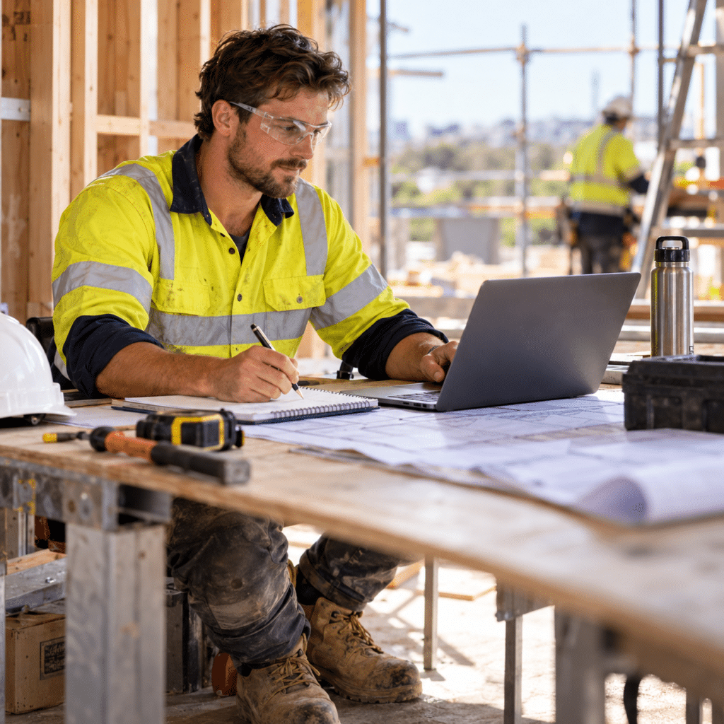 Australian tradie wearing high-visibility workwear studying on a laptop and taking notes at a construction site while balancing work and trade training.