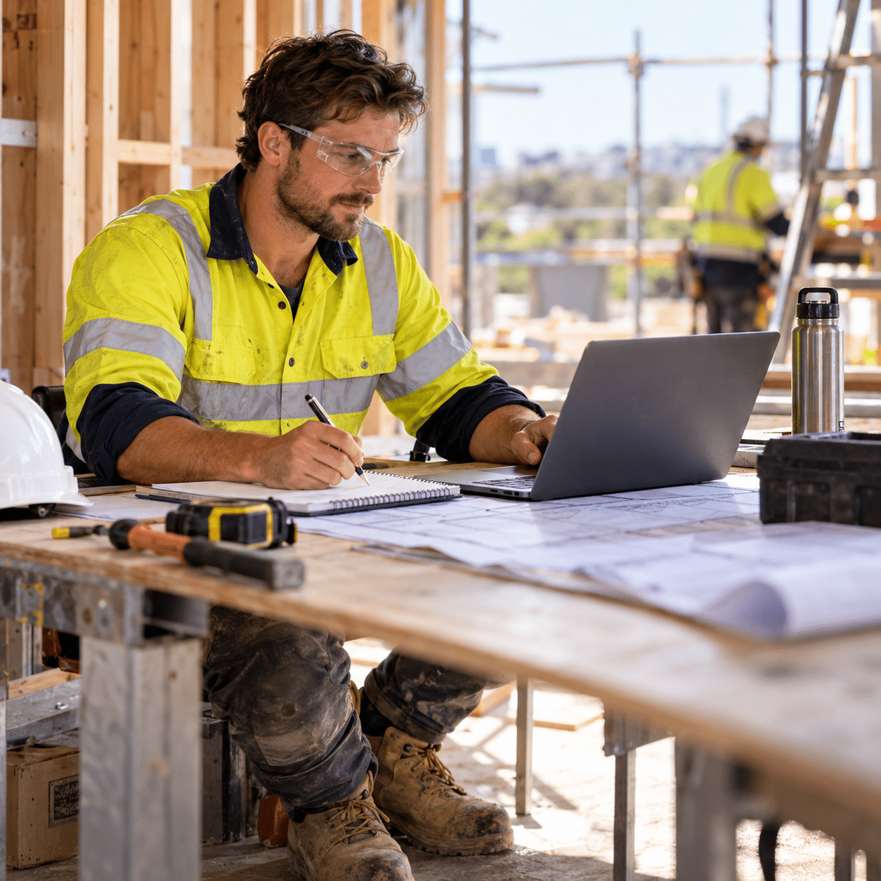 Australian tradie wearing high-visibility workwear studying on a laptop and taking notes at a construction site while balancing work and trade training.