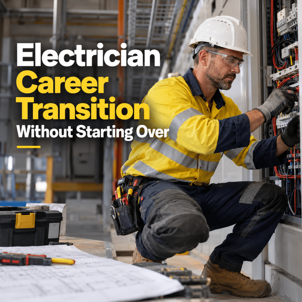 Australian electrician wearing safety PPE while working on an industrial electrical panel, illustrating career transition opportunities for experienced tradies.