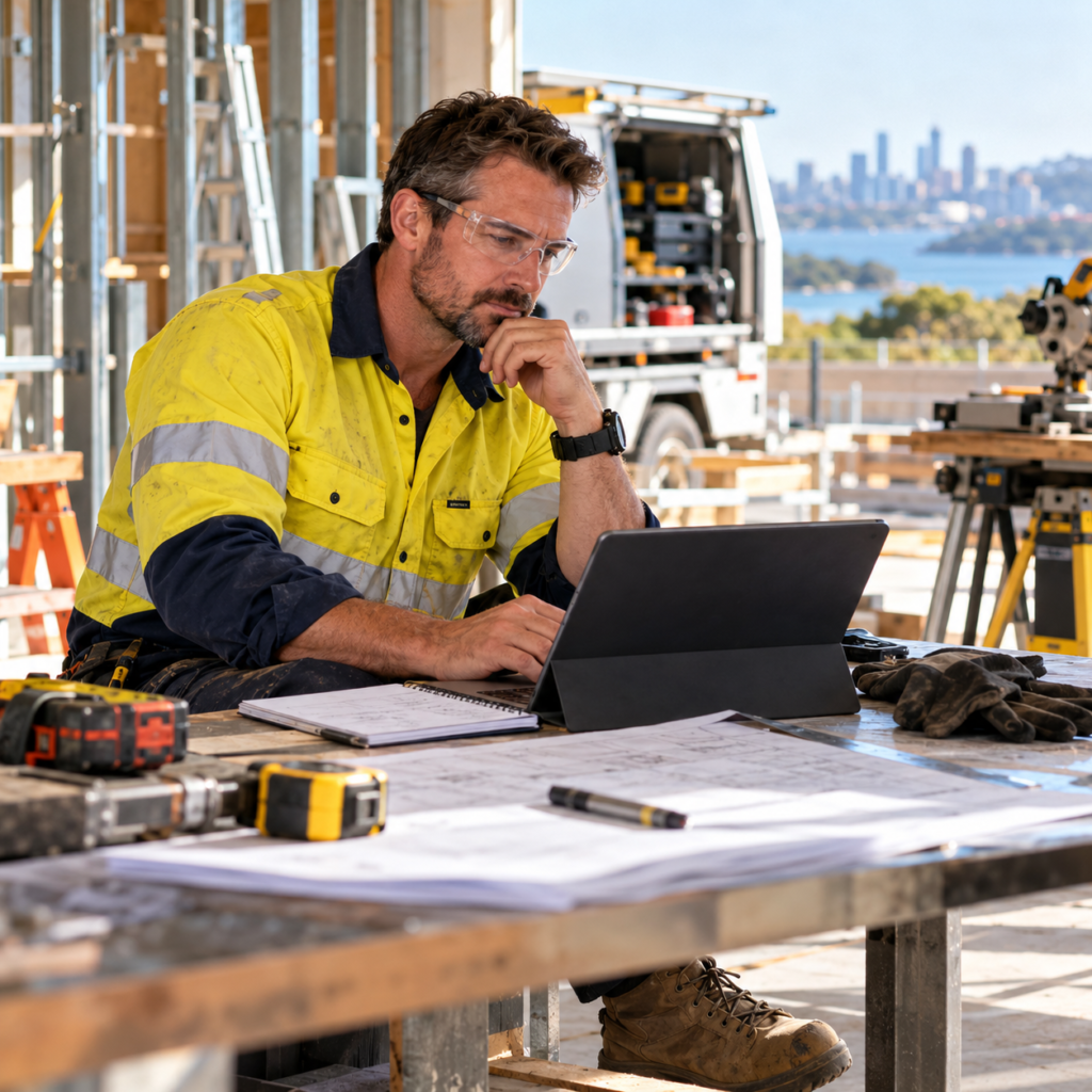 Experienced Australian tradie wearing high-visibility workwear reviewing training materials on a laptop at a construction site, illustrating recognition of prior learning (RPL).