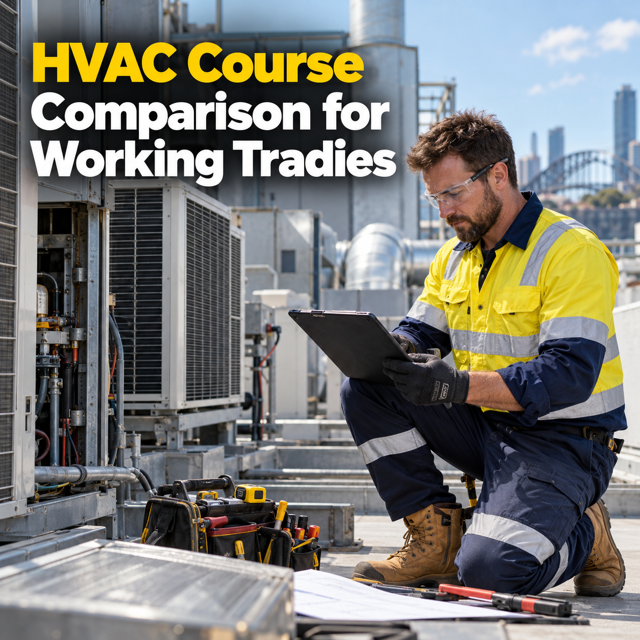 Australian HVAC technician in proper PPE reviewing course information on a rooftop worksite, illustrating HVAC course comparison for working tradies.