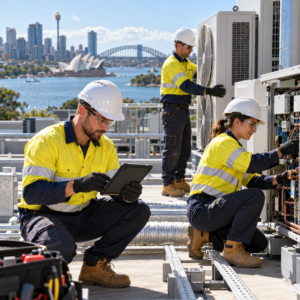 Australian HVAC technicians wearing safety PPE inspecting modern air conditioning systems and using digital diagnostic technology on a Sydney rooftop.