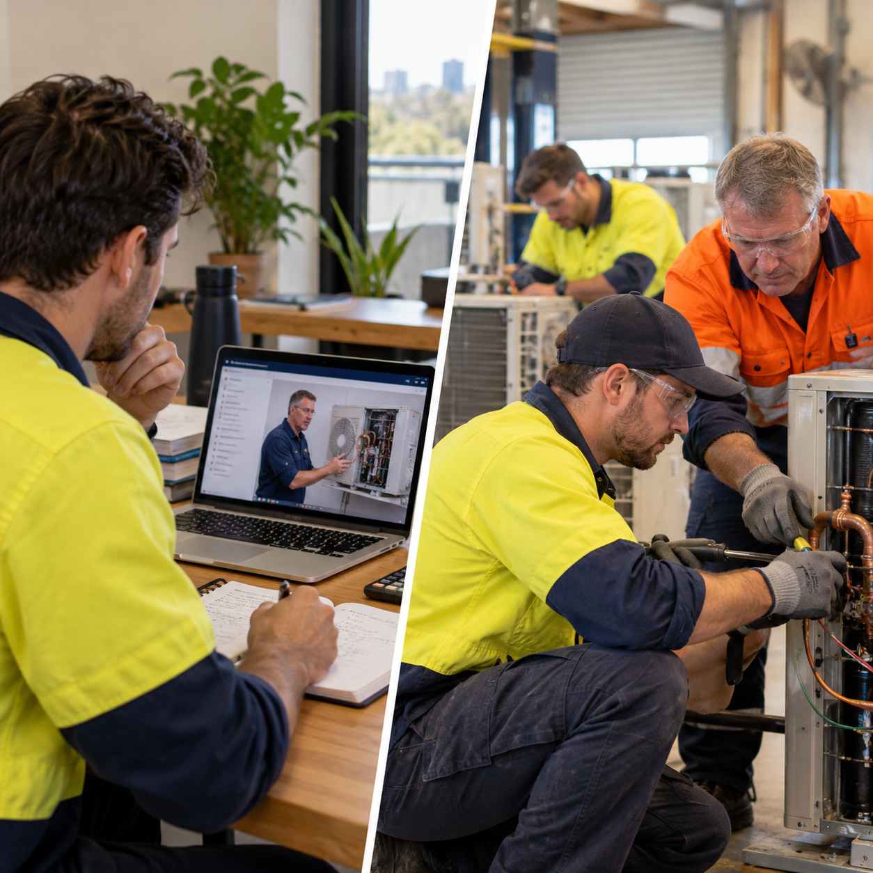 Australian tradie studying HVAC online on a laptop compared with technicians completing hands-on air conditioning training in a practical workshop.