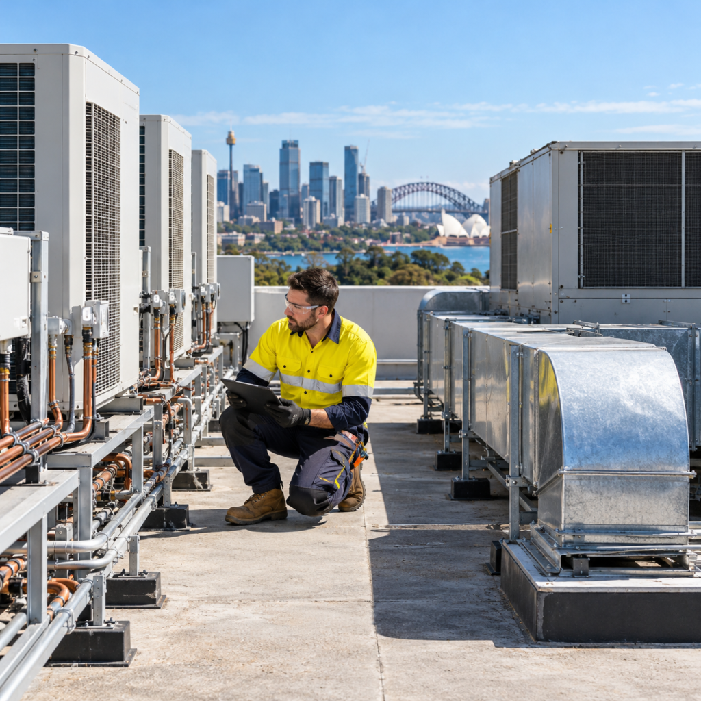 Australian HVAC technician comparing VRV air conditioning units with a conventional rooftop HVAC system at a commercial installation in Sydney.