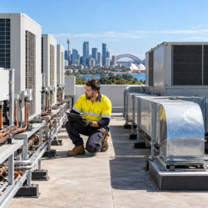 Australian HVAC technician comparing VRV air conditioning units with a conventional rooftop HVAC system at a commercial installation in Sydney.