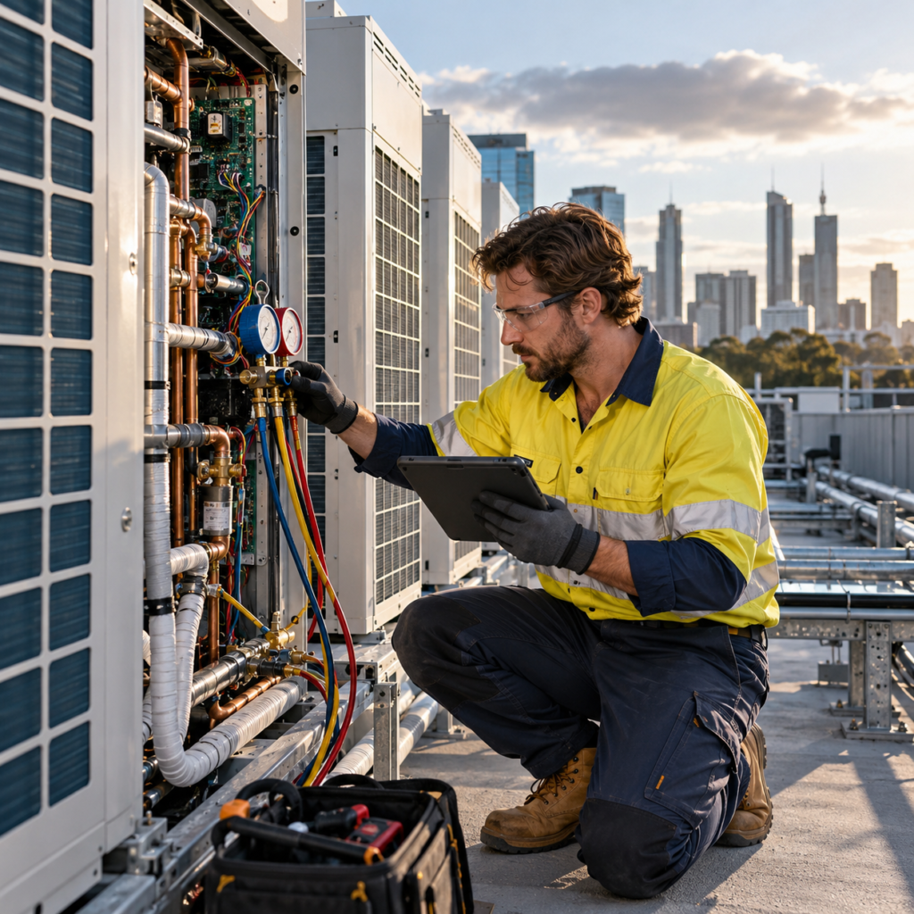 Australian HVAC technician commissioning a commercial VRV air conditioning system using pressure gauges and a tablet while wearing protective workwear.