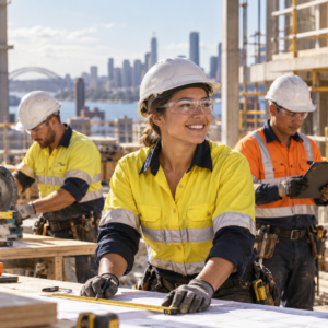 Australian tradespeople wearing high-visibility PPE on a construction site, representing trade qualifications and career change opportunities.