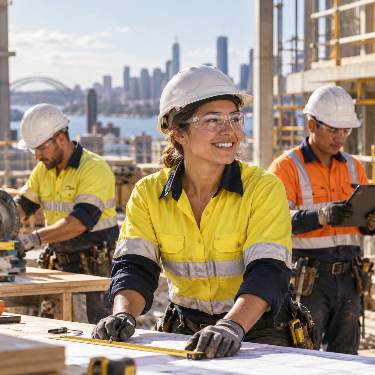 Australian tradespeople wearing high-visibility PPE on a construction site, representing trade qualifications and career change opportunities.