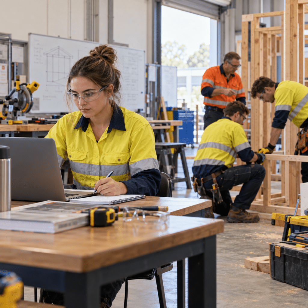 Australian trade student studying online theory on a laptop while other trainees complete hands-on practical training in a workshop.