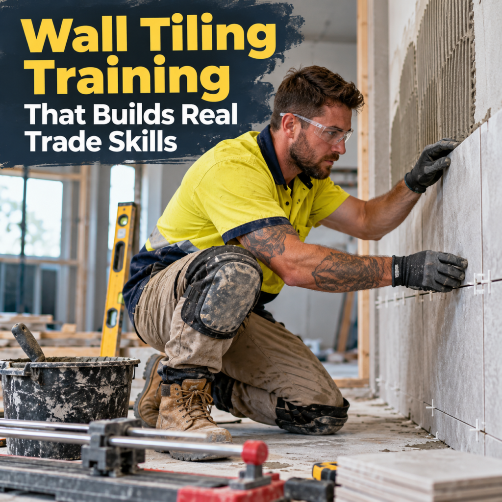 Australian wall tiler in proper PPE installing wall tiles on a construction site, showing hands-on wall tiling training and real trade skills.